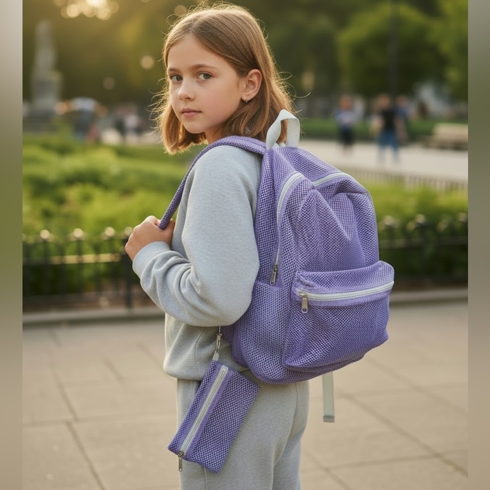 TUG Mesh Backpack Purple Beach Bag attached Inner Zipper Pouch Excellent